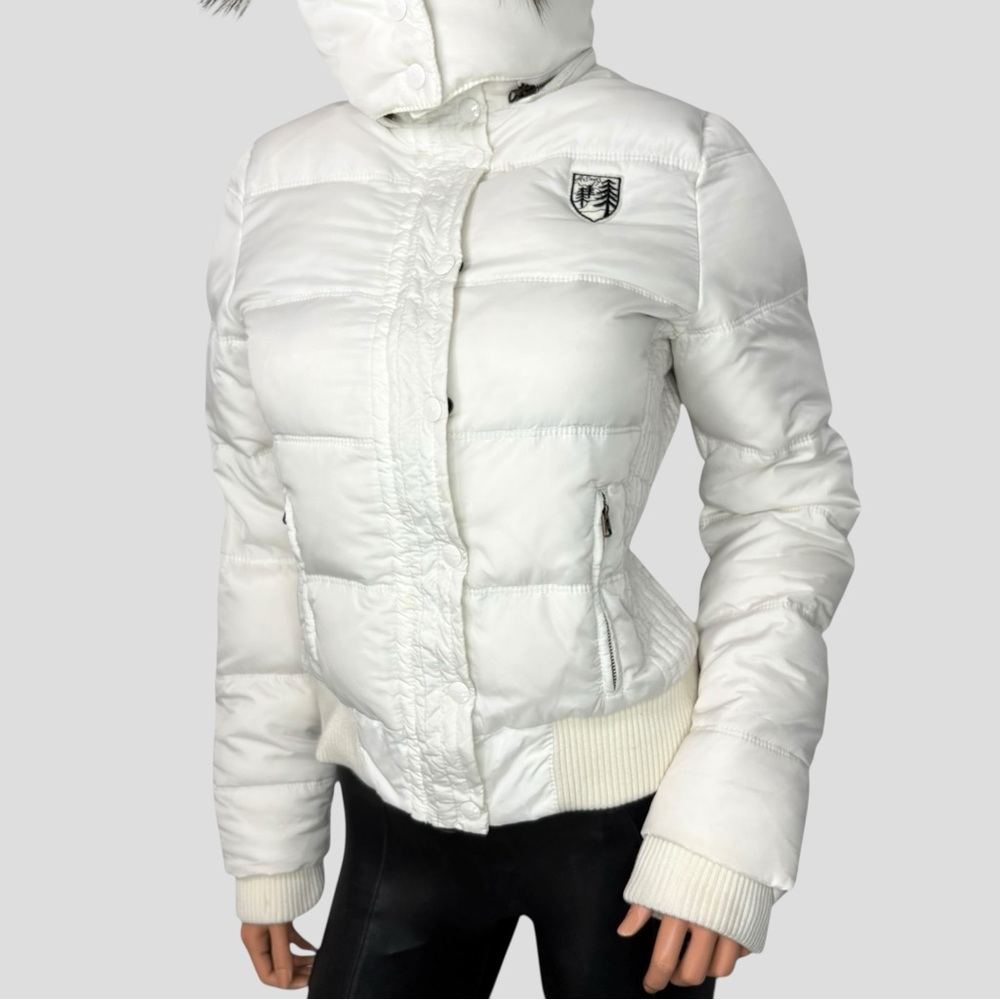 American Eagle Down Feather Puffer Jacket M White Faux Fur Hood Y2K Snow Bunny - Picture 4 of 15